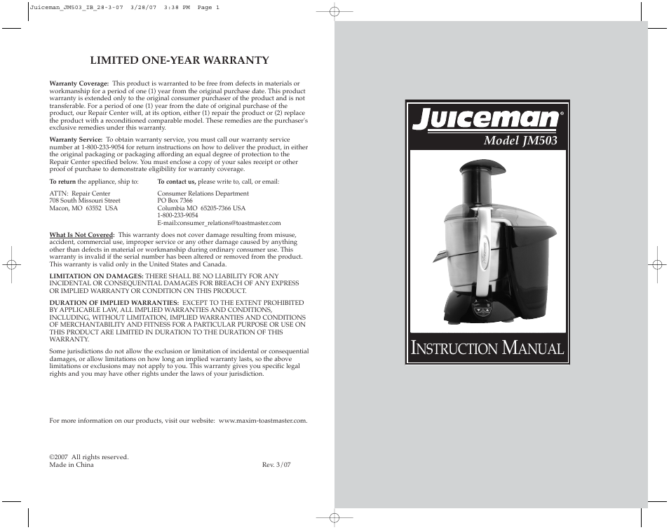 Nstruction, Anual, Model jm503 | Toastmaster JM503 User Manual | Page 20 / 20