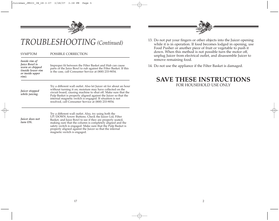 Troubleshooting, Save these instructions, Continued) | Toastmaster JM503 User Manual | Page 3 / 20