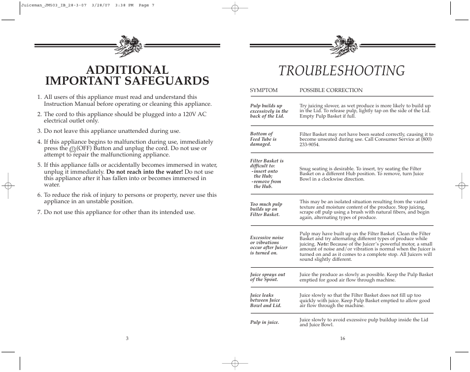 Troubleshooting, Additional important safeguards | Toastmaster JM503 User Manual | Page 4 / 20