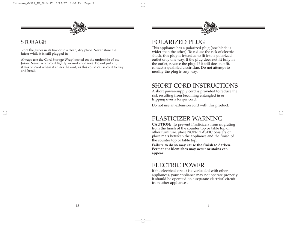 Storage, Polarized plug, Short cord instructions | Plasticizer warning, Electric power | Toastmaster JM503 User Manual | Page 5 / 20