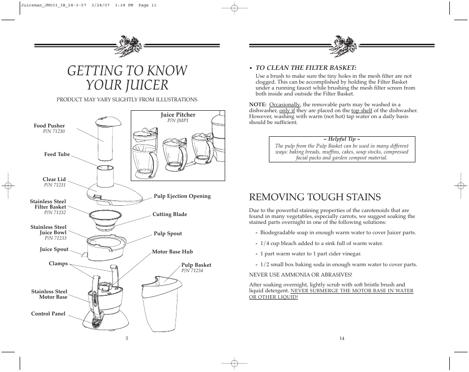 Getting to know your juicer, Removing tough stains | Toastmaster JM503 User Manual | Page 6 / 20