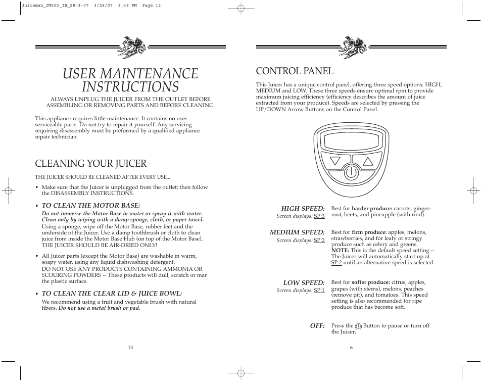 User maintenance instructions, Cleaning your juicer, Control panel | Toastmaster JM503 User Manual | Page 7 / 20