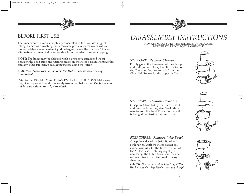 Disassembly instructions, Before first use | Toastmaster JM503 User Manual | Page 8 / 20