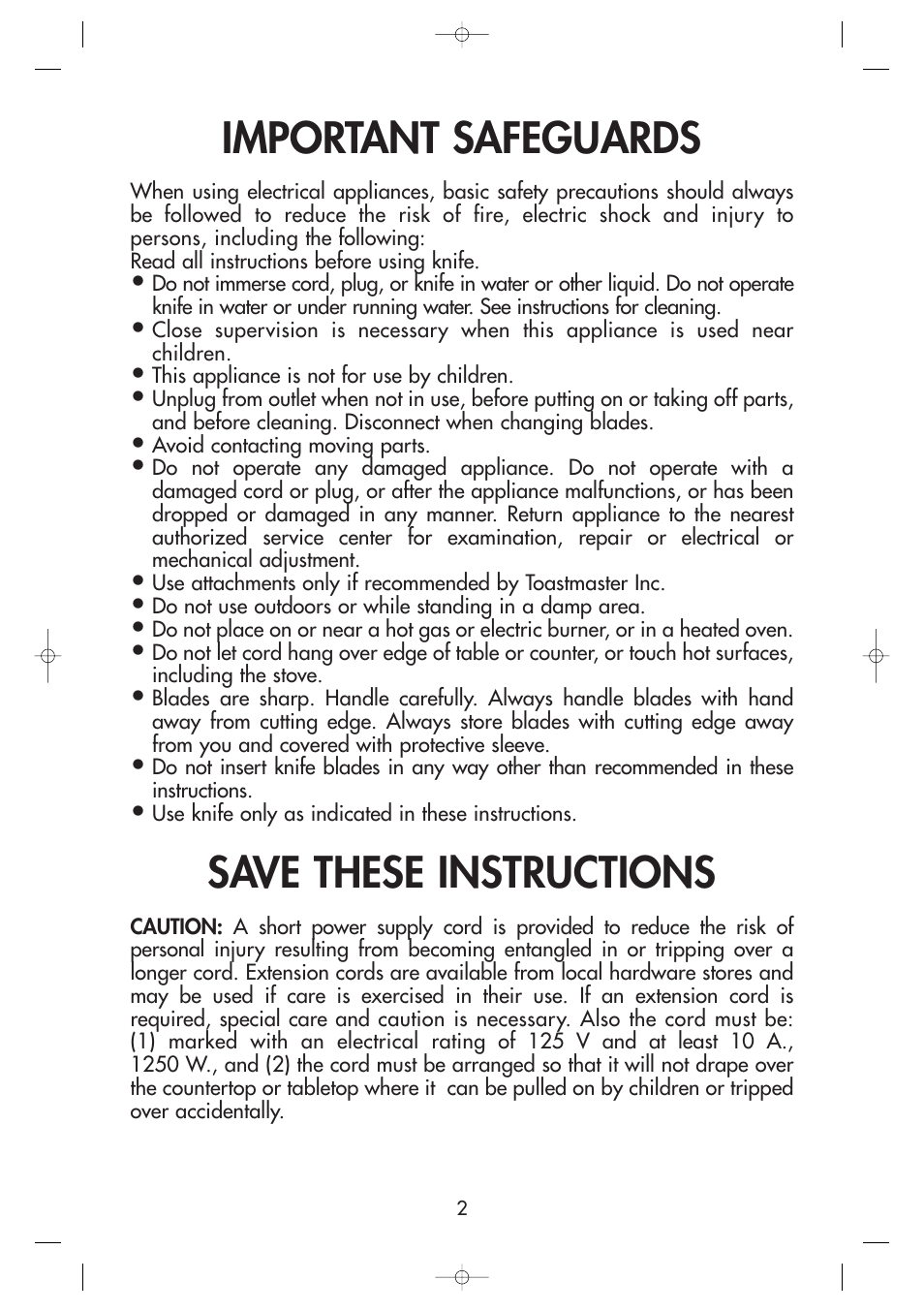 Important safeguards, Save these instructions | Toastmaster 6104 User Manual | Page 2 / 5