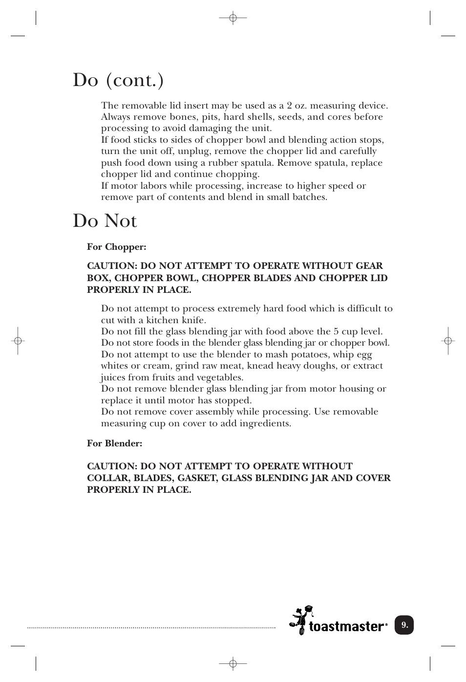 Do (cont.), Do not | Toastmaster 1135CAN User Manual | Page 10 / 22