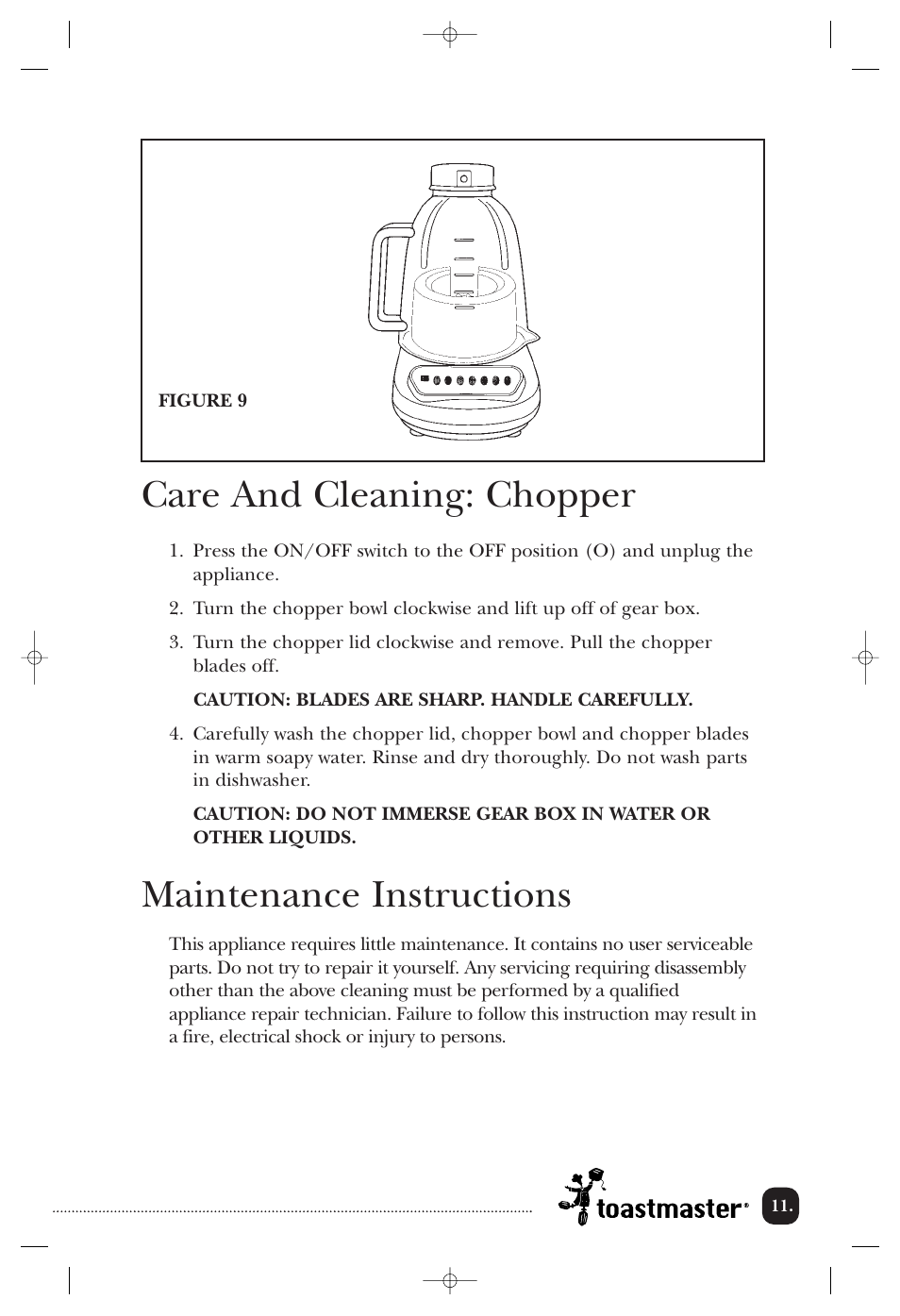 Care and cleaning: chopper, Maintenance instructions | Toastmaster 1135CAN User Manual | Page 12 / 22