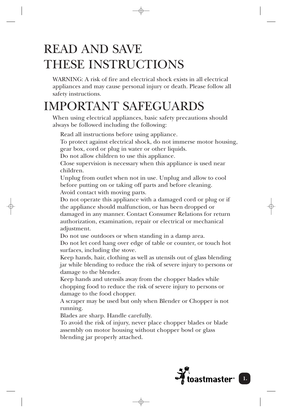 Read and save these instructions, Important safeguards | Toastmaster 1135CAN User Manual | Page 2 / 22