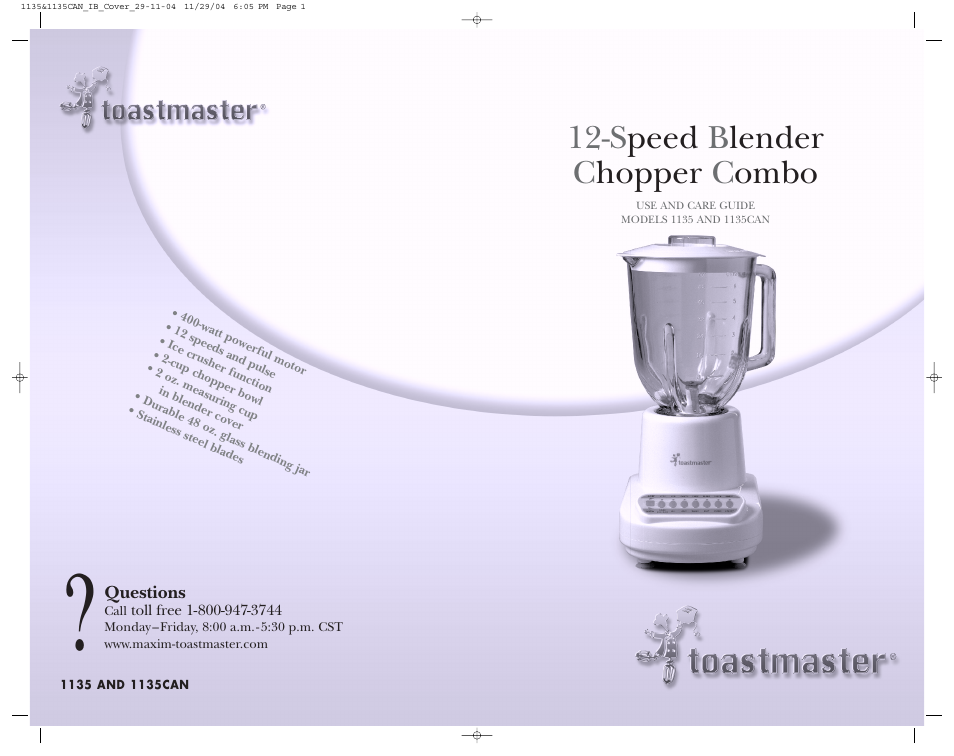 S peed b lender c hopper c ombo | Toastmaster 1135CAN User Manual | Page 22 / 22