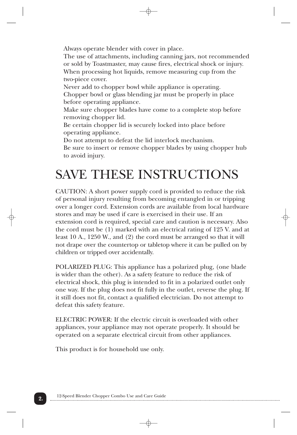 Save these instructions | Toastmaster 1135CAN User Manual | Page 3 / 22