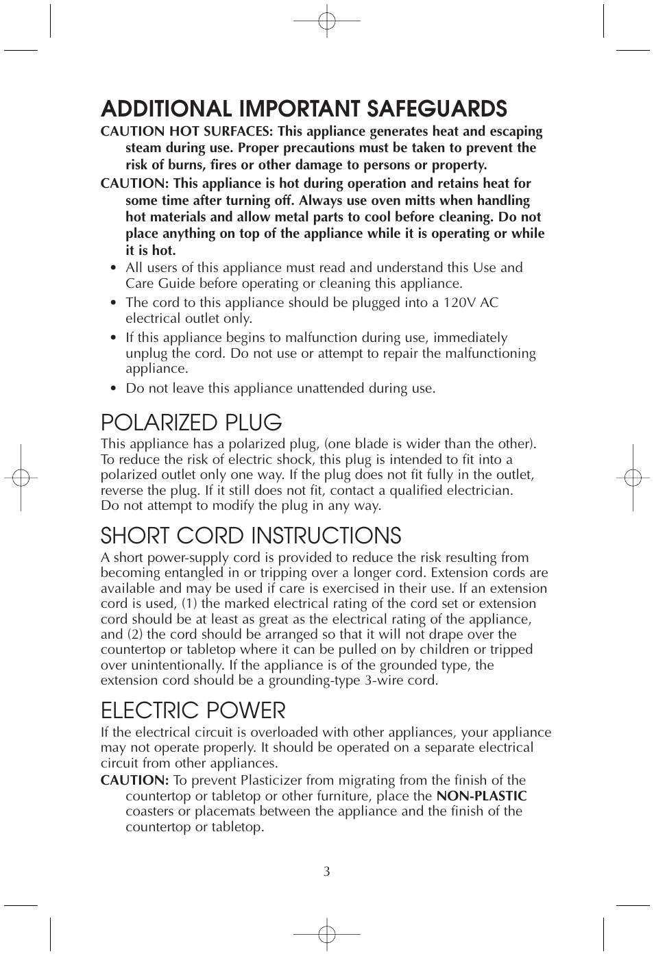 Additional important safeguards, Polarized plug, Short cord instructions | Electric power | Toastmaster TMWB4BELW User Manual | Page 3 / 11