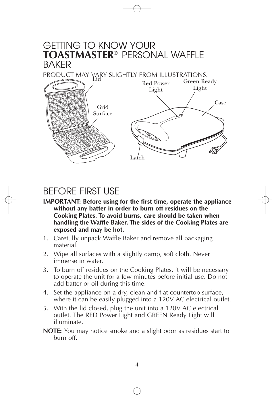 Toastmaster, Getting to know your, Personal waffle baker | Before first use | Toastmaster TMWB4BELW User Manual | Page 4 / 11