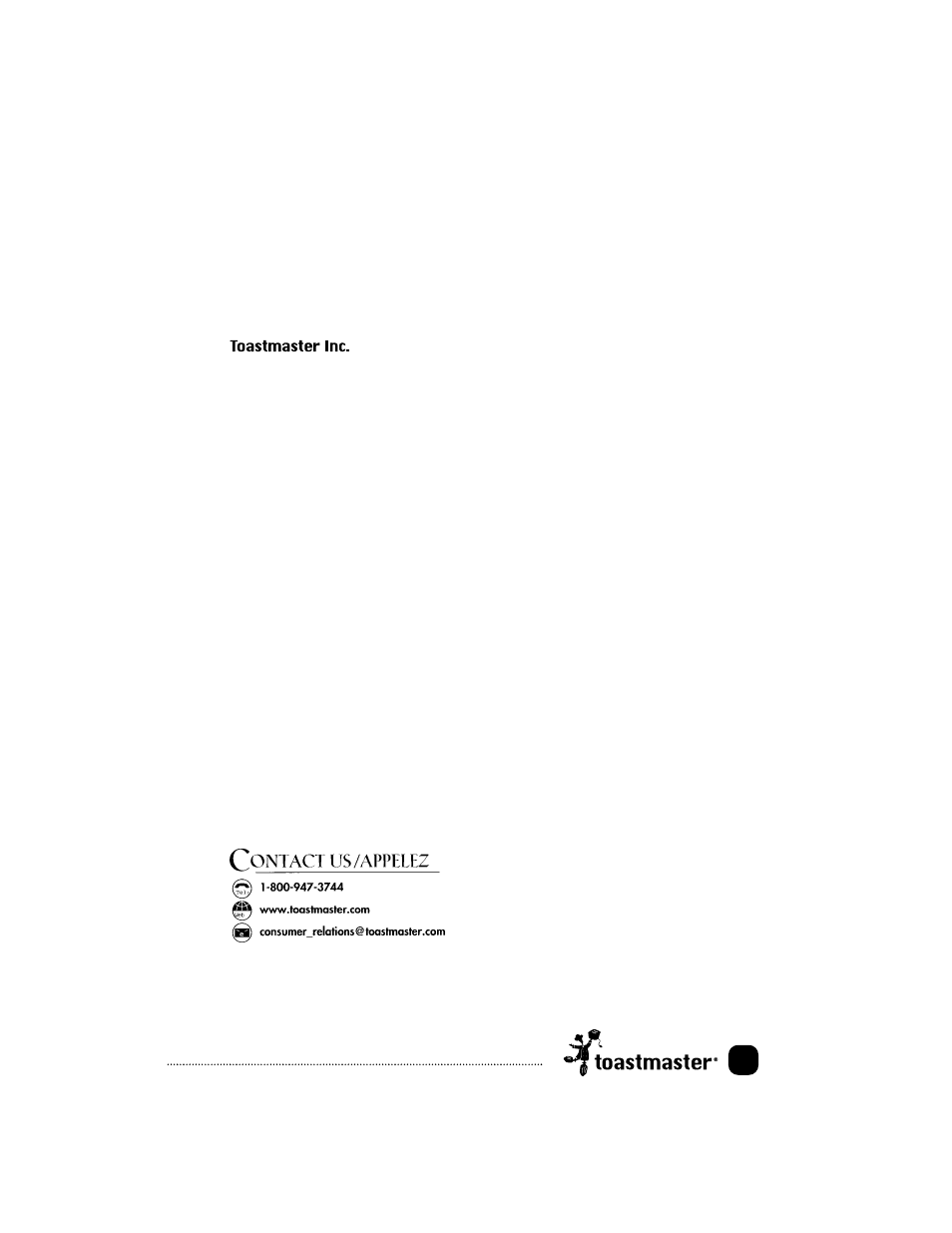 Contact information coordonnées : contacte a | Toastmaster TES1 User Manual | Page 40 / 42