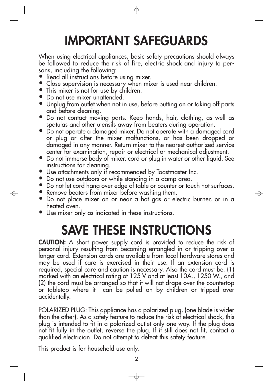 Important safeguards, Save these instructions | Toastmaster 1776CAN User Manual | Page 2 / 7