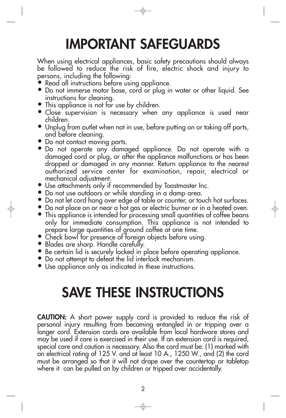 Important safeguards, Save these instructions | Toastmaster 1119CAN User Manual | Page 2 / 6