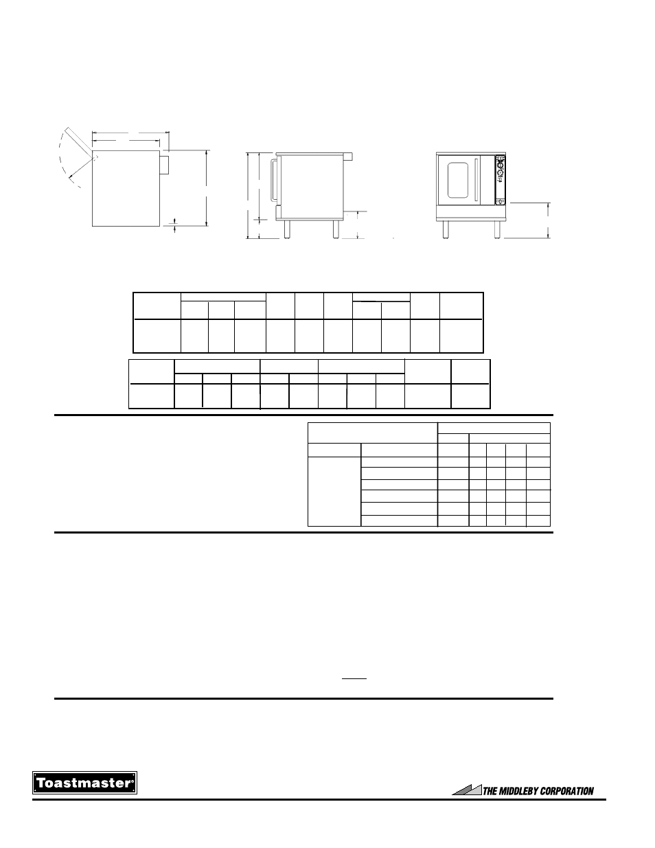 Olympic gold half size convection oven, Top view side view front view, Models: ❏ tg50 | Construction (bidding) specifications, Utility information, Dimensions, Miscellaneous information | Toastmaster TG50RT User Manual | Page 2 / 2