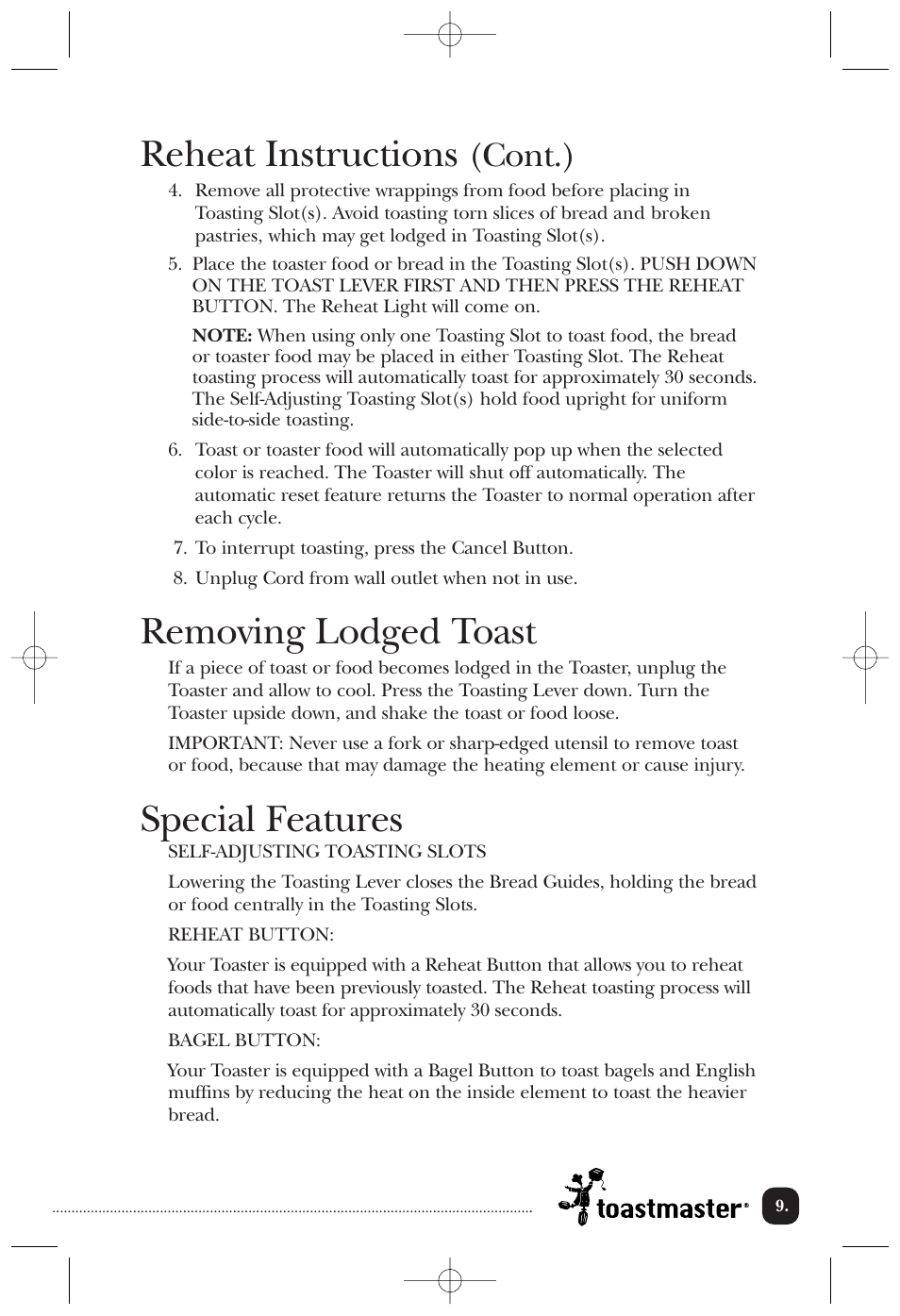 Reheat instructions, Removing lodged toast, Special features | Cont.) | Toastmaster TT2CTBW User Manual | Page 10 / 15