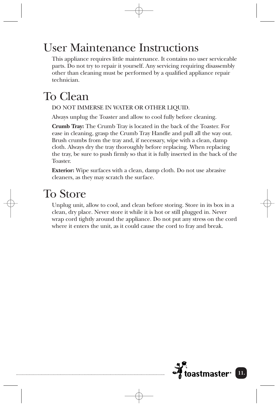 User maintenance instructions | Toastmaster TT2CTBW User Manual | Page 12 / 15