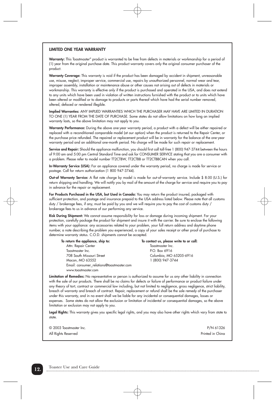 Toastmaster TT2CTBW User Manual | Page 13 / 15