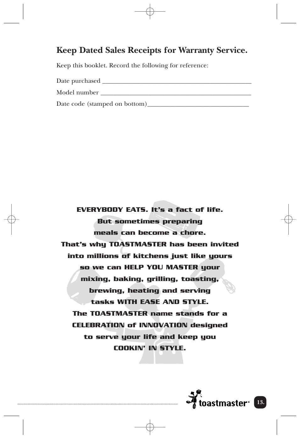 Keep dated sales receipts for warranty service | Toastmaster TT2CTBW User Manual | Page 14 / 15