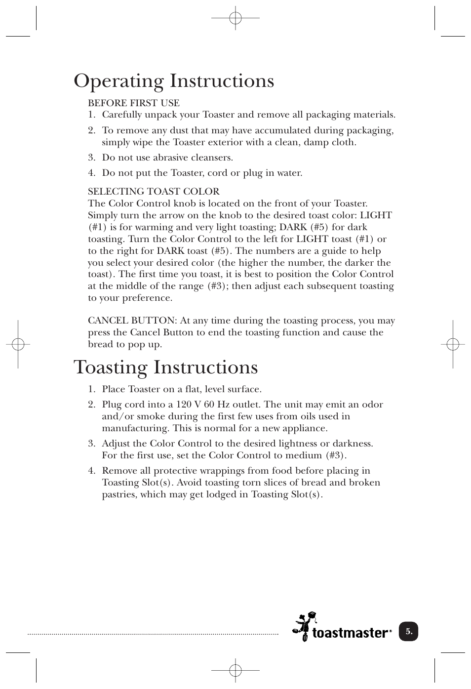 Operating instructions, Toasting instructions | Toastmaster TT2CTBW User Manual | Page 6 / 15