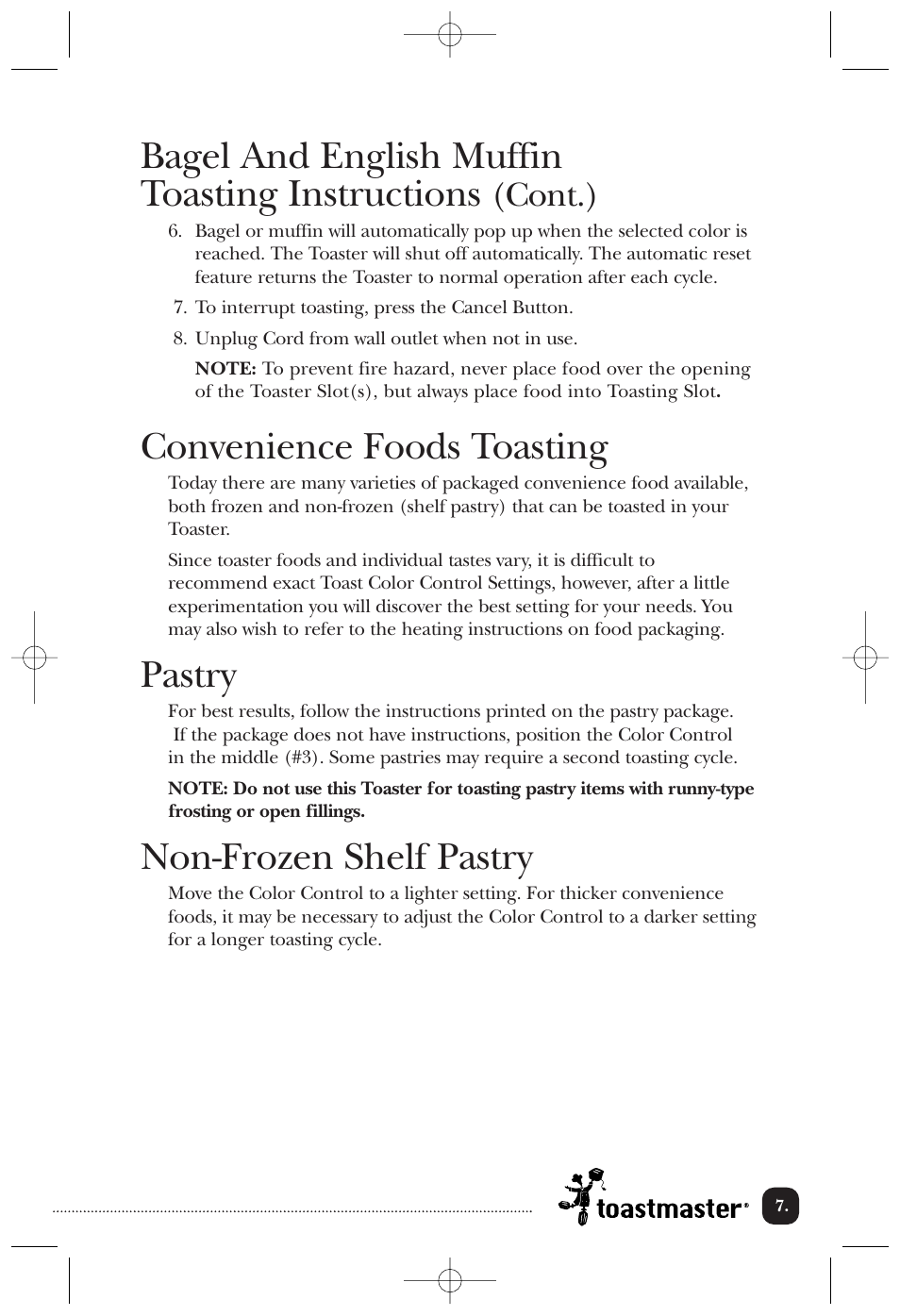 Bagel and english muffin toasting instructions, Convenience foods toasting, Pastry | Non-frozen shelf pastry, Cont.) | Toastmaster TT2CTBW User Manual | Page 8 / 15