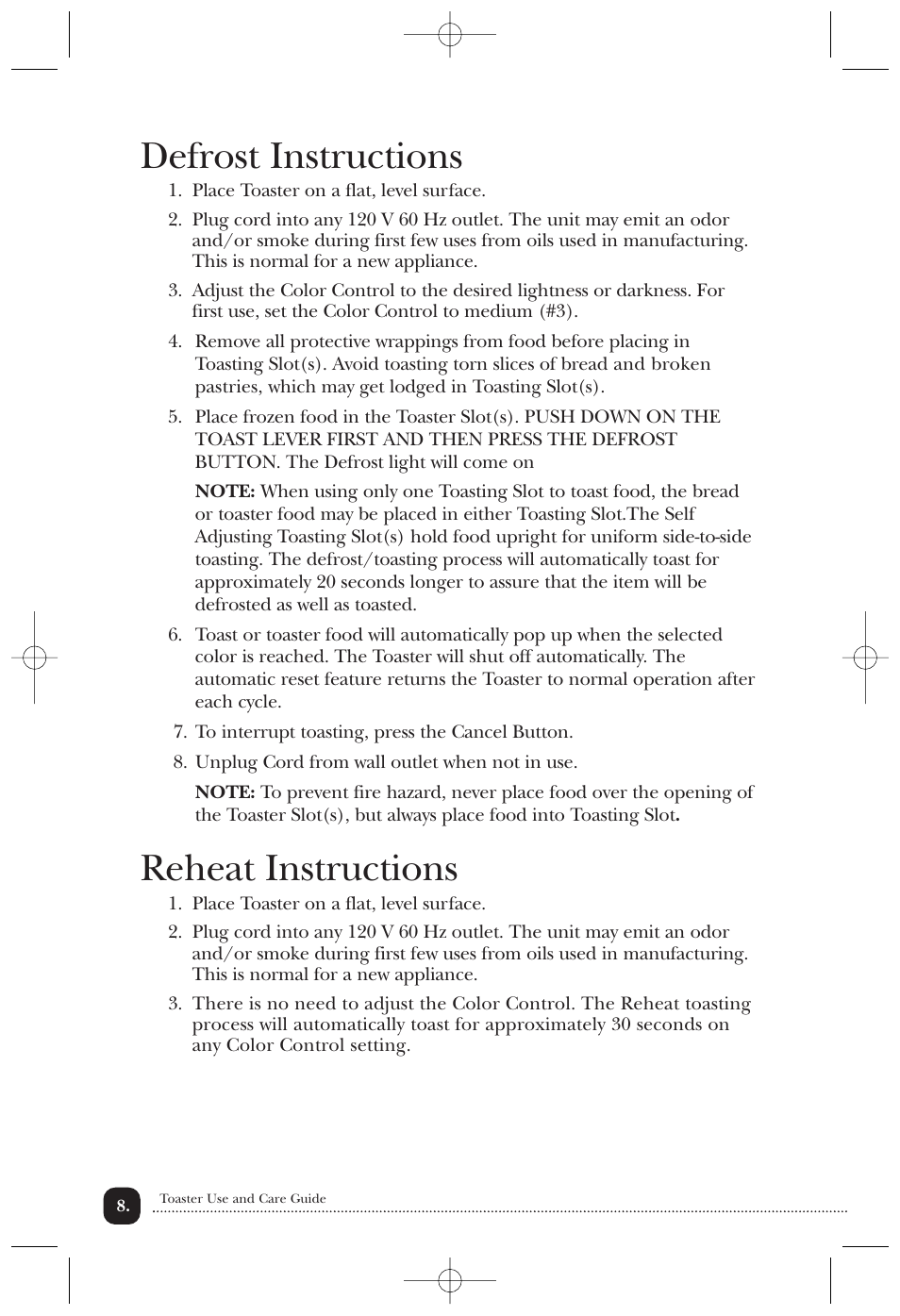 Defrost instructions, Reheat instructions | Toastmaster TT2CTBW User Manual | Page 9 / 15
