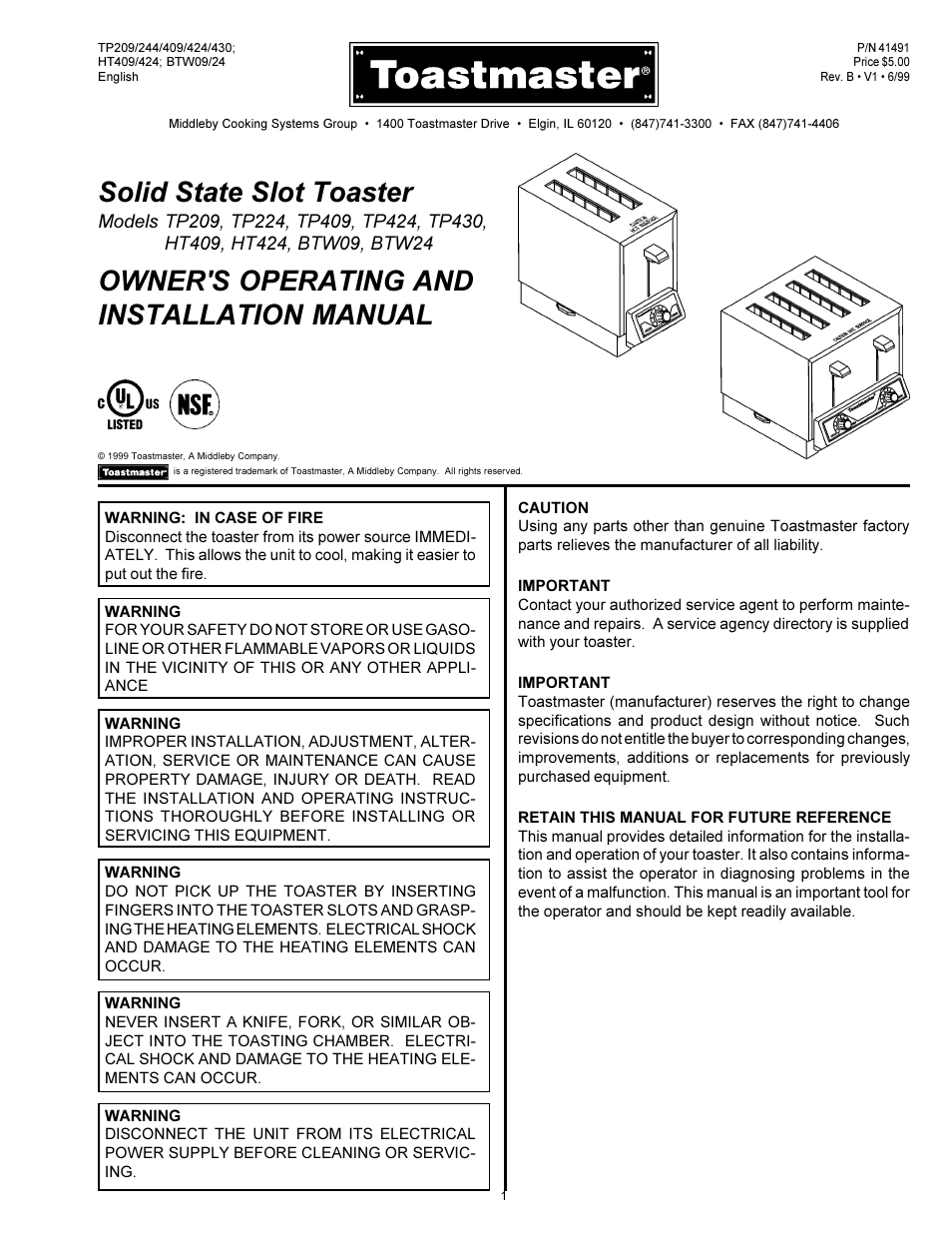 Toastmaster TP224  EN User Manual | 8 pages