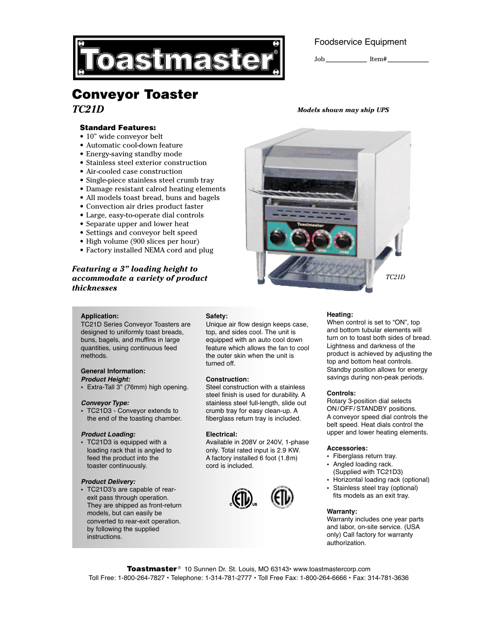 Toastmaster TC21D3663 User Manual | 2 pages