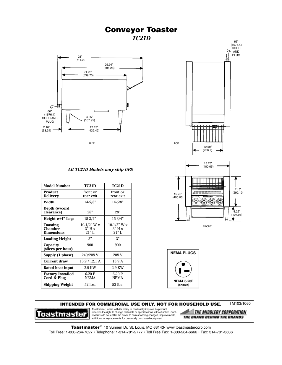 Conveyor toaster, Tc21d | Toastmaster TC21D3663 User Manual | Page 2 / 2