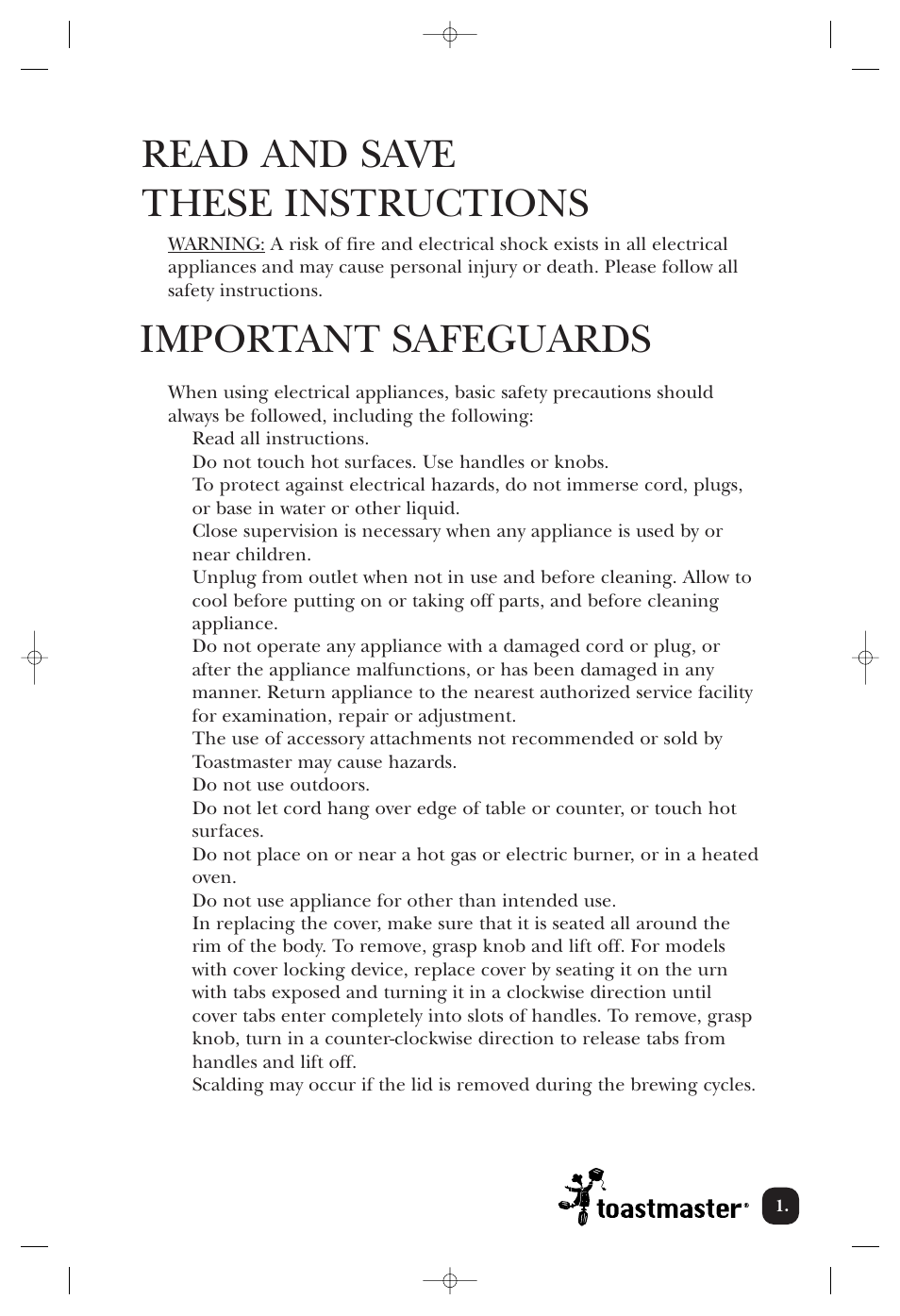Read and save these instructions, Important safeguards | Toastmaster TU30 User Manual | Page 2 / 9