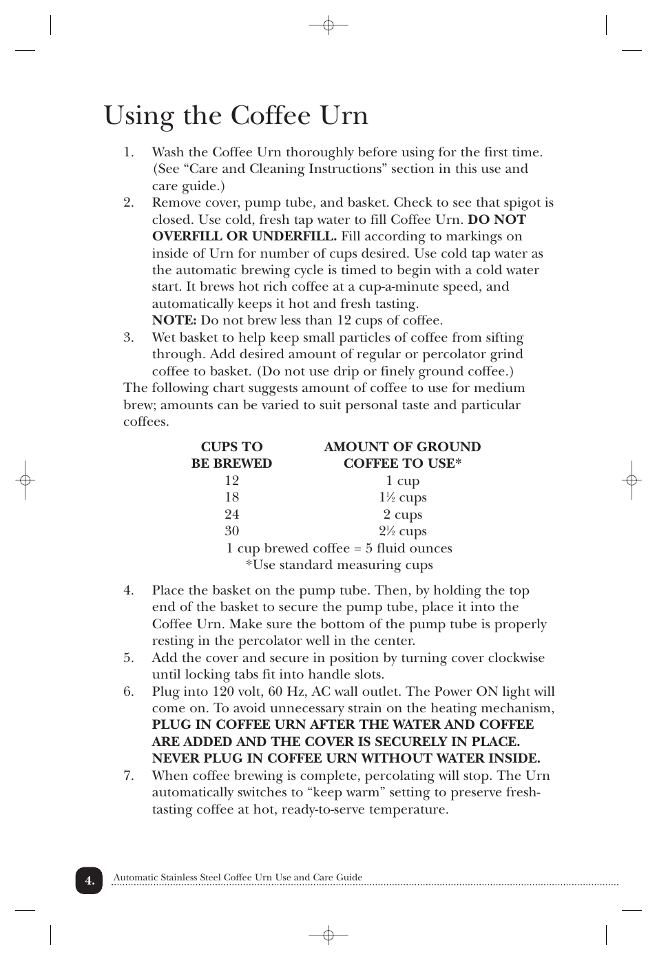 Using the coffee urn | Toastmaster TU30 User Manual | Page 5 / 9