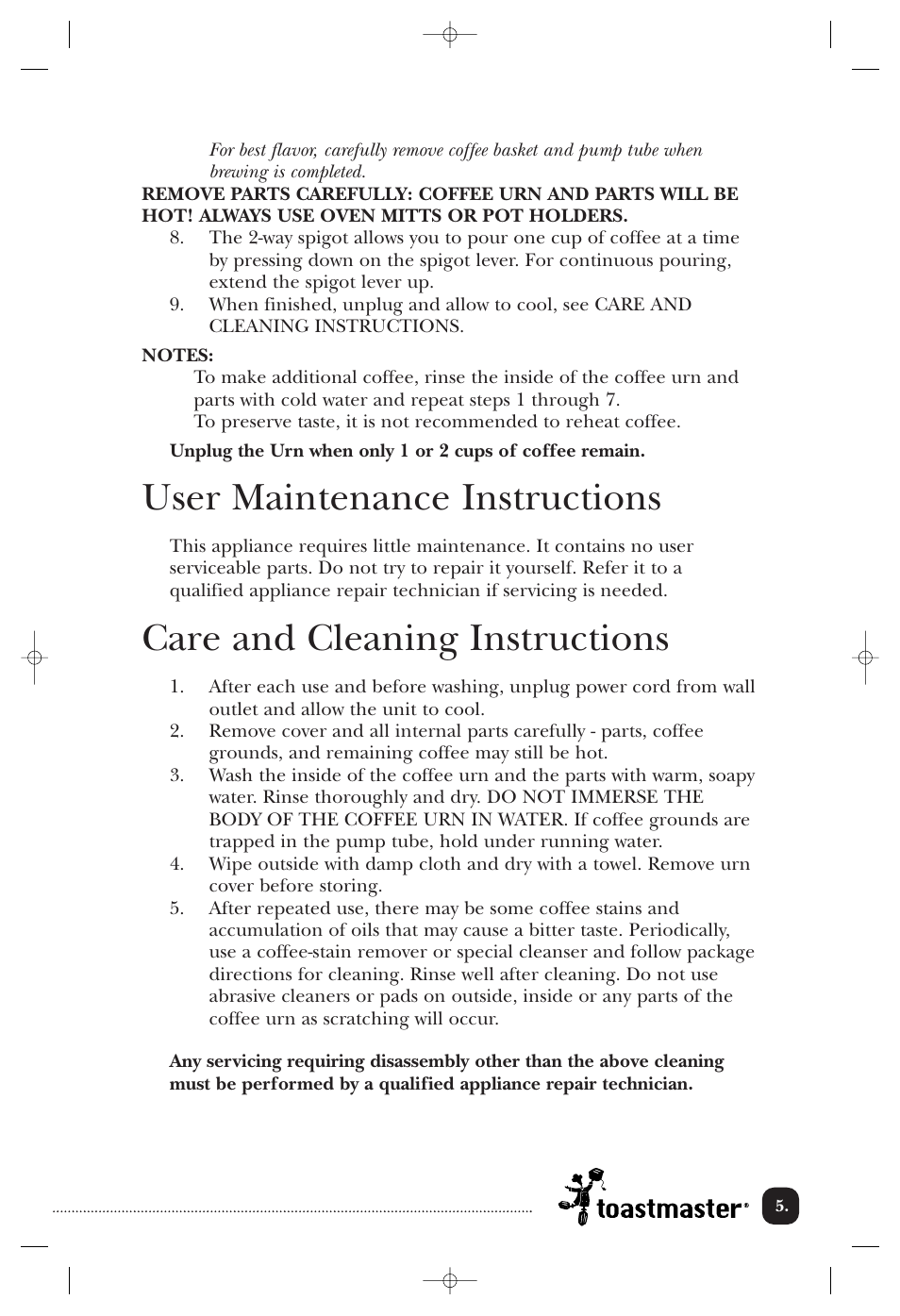 User maintenance instructions, Care and cleaning instructions | Toastmaster TU30 User Manual | Page 6 / 9