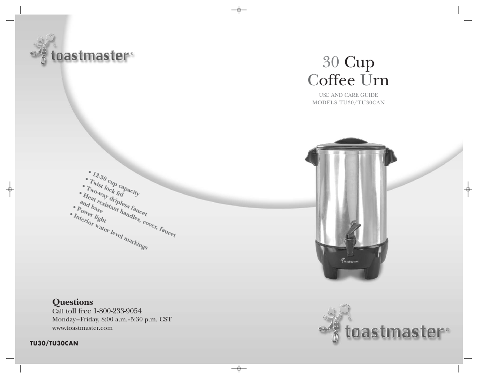 30 cup c offee u rn | Toastmaster TU30 User Manual | Page 9 / 9