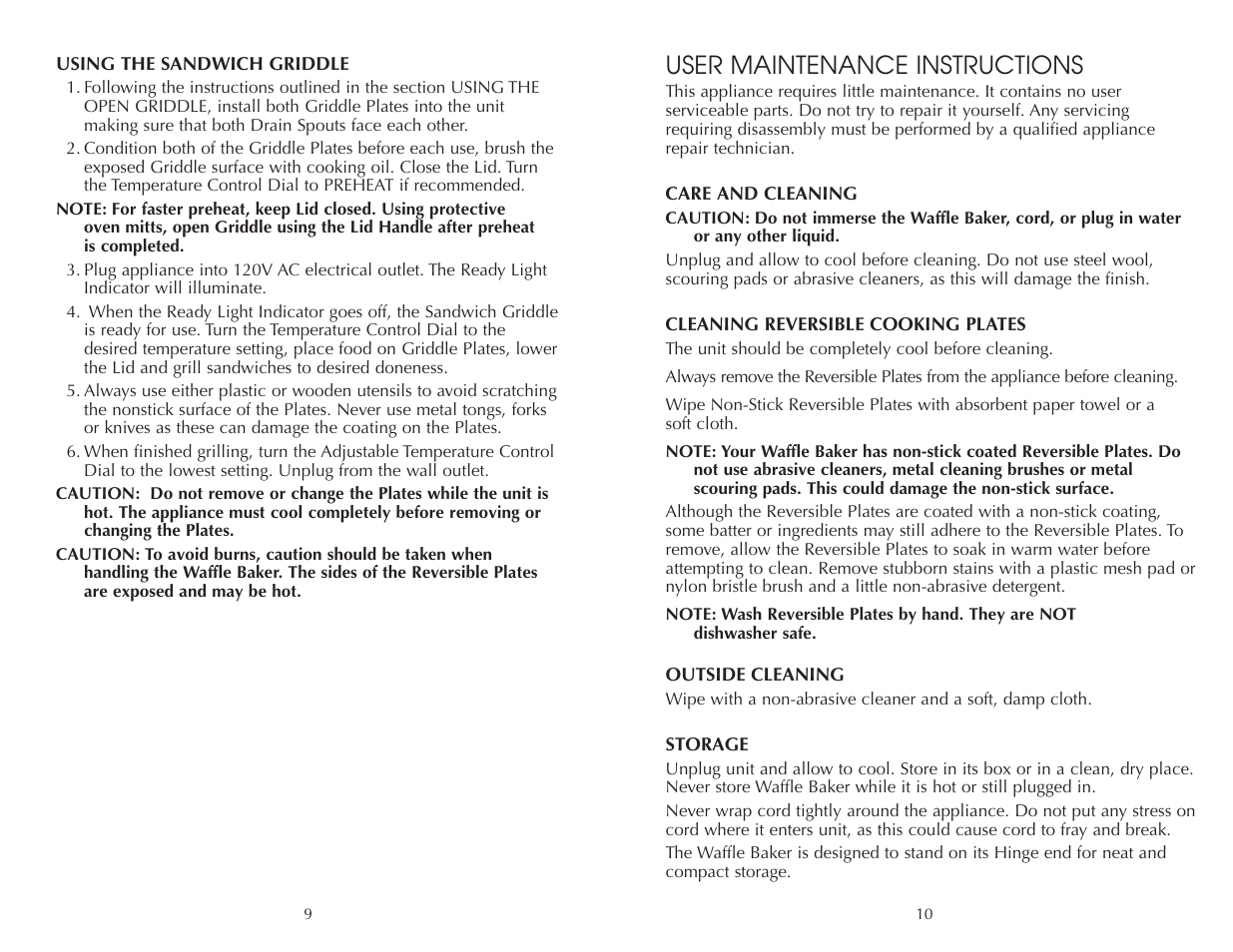 User maintenance instructions | Toastmaster FWB275 User Manual | Page 10 / 22