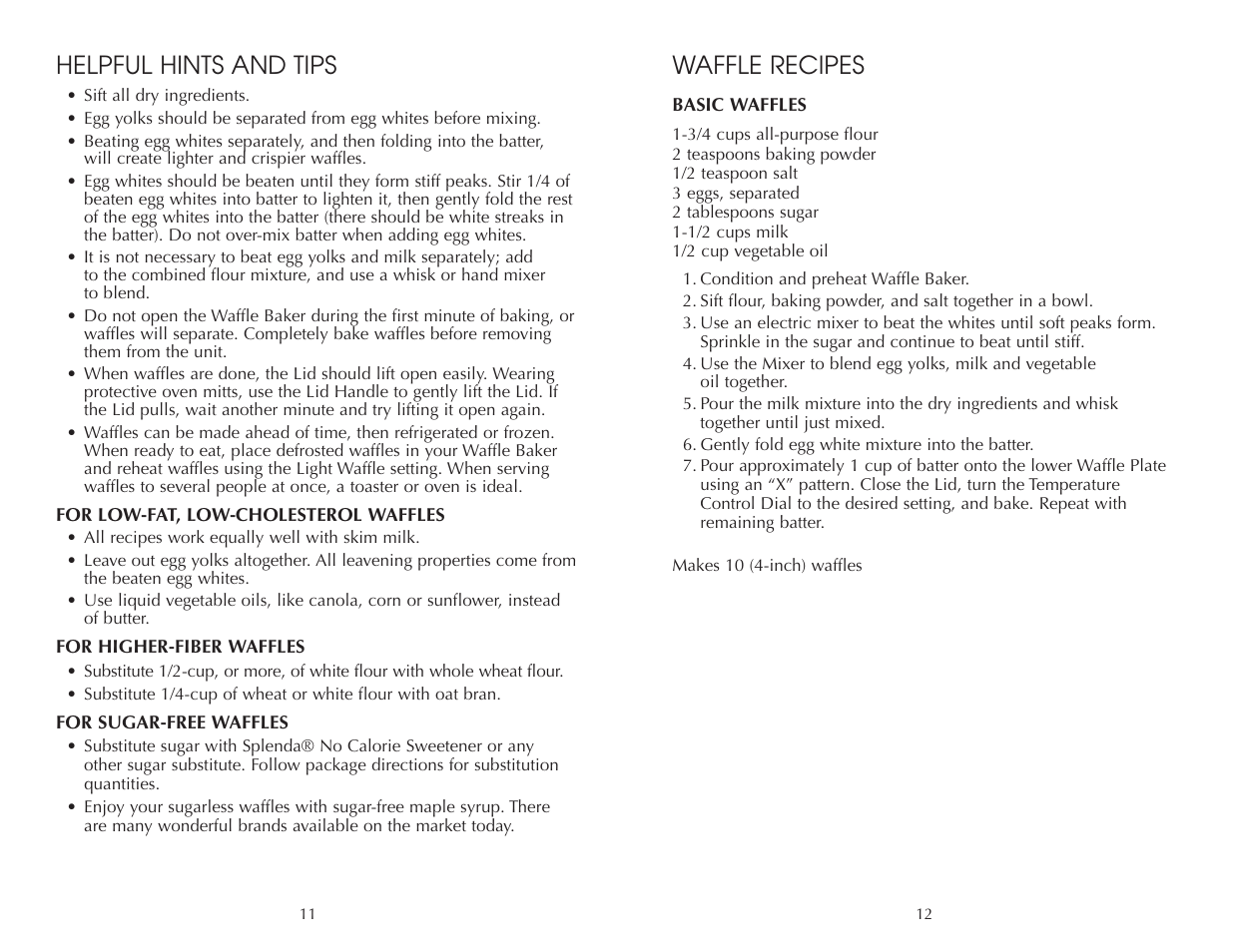 Waffle recipes, Helpful hints and tips | Toastmaster FWB275 User Manual | Page 12 / 22