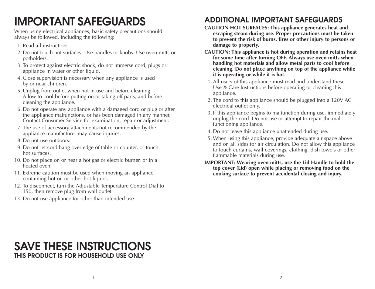 Important safeguards, Save these instructions, Additional important safeguards | Toastmaster FWB275 User Manual | Page 2 / 22