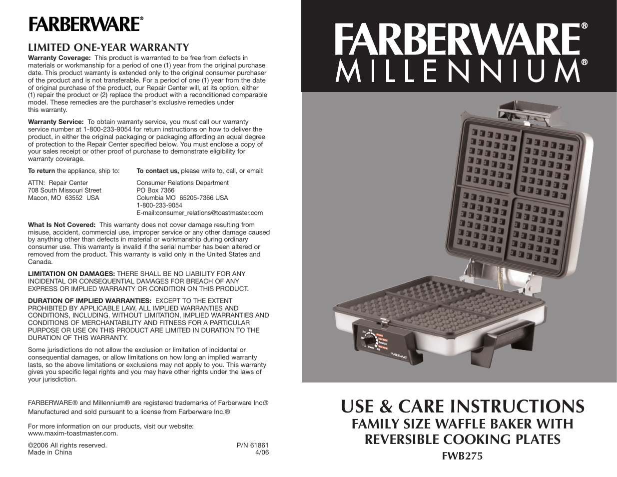 Use & care instructions, Fwb275 limited one-year warranty | Toastmaster FWB275 User Manual | Page 22 / 22