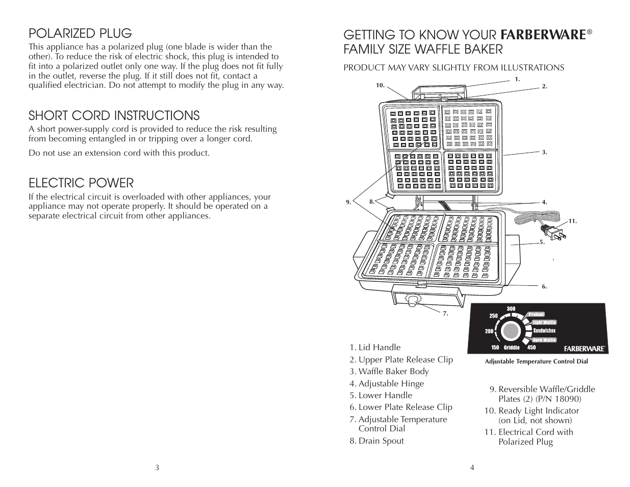 Farberware, Getting to know your, Family size waffle baker | Polarized plug, Short cord instructions, Electric power | Toastmaster FWB275 User Manual | Page 4 / 22