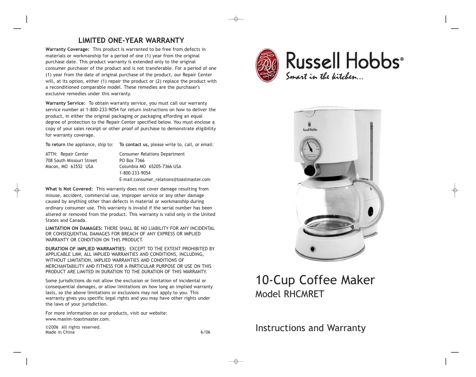 Cup coffee maker, Instructions and warranty, Model rhcmret | Toastmaster RHCMRET User Manual | Page 12 / 12