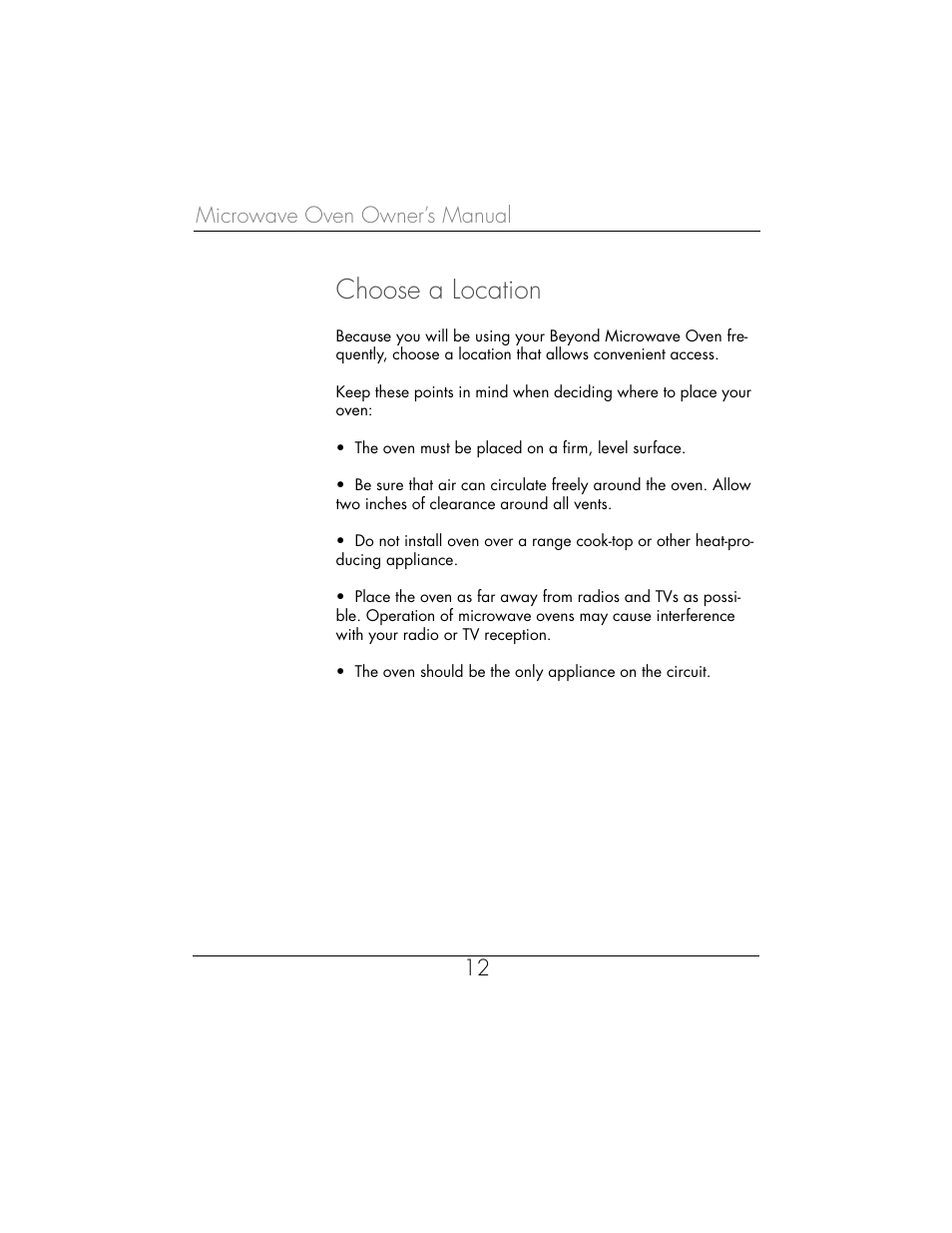 Choose a location, Microwave oven owner’s manual 12 | Toastmaster WBYMW1 User Manual | Page 13 / 85