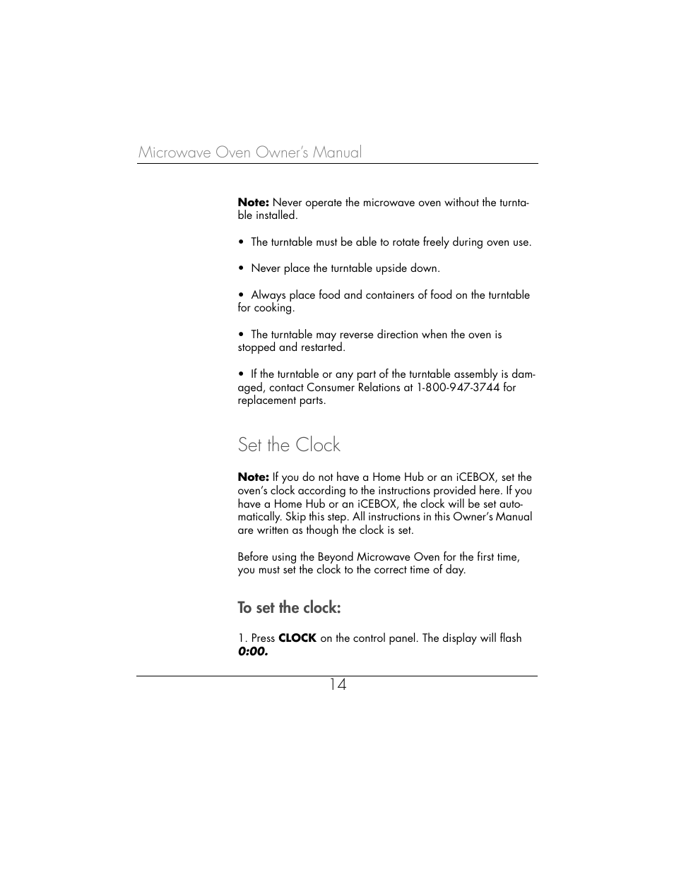 Set the clock, Microwave oven owner’s manual 14 | Toastmaster WBYMW1 User Manual | Page 15 / 85