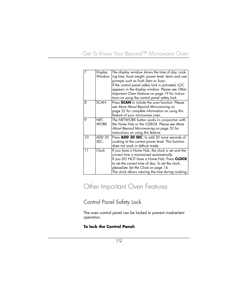 Other important oven features, Get to know your beyond™ microwave oven 19, Control panel safety lock | Toastmaster WBYMW1 User Manual | Page 20 / 85