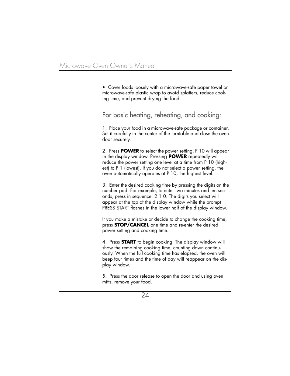 Microwave oven owner’s manual 24, For basic heating, reheating, and cooking | Toastmaster WBYMW1 User Manual | Page 25 / 85