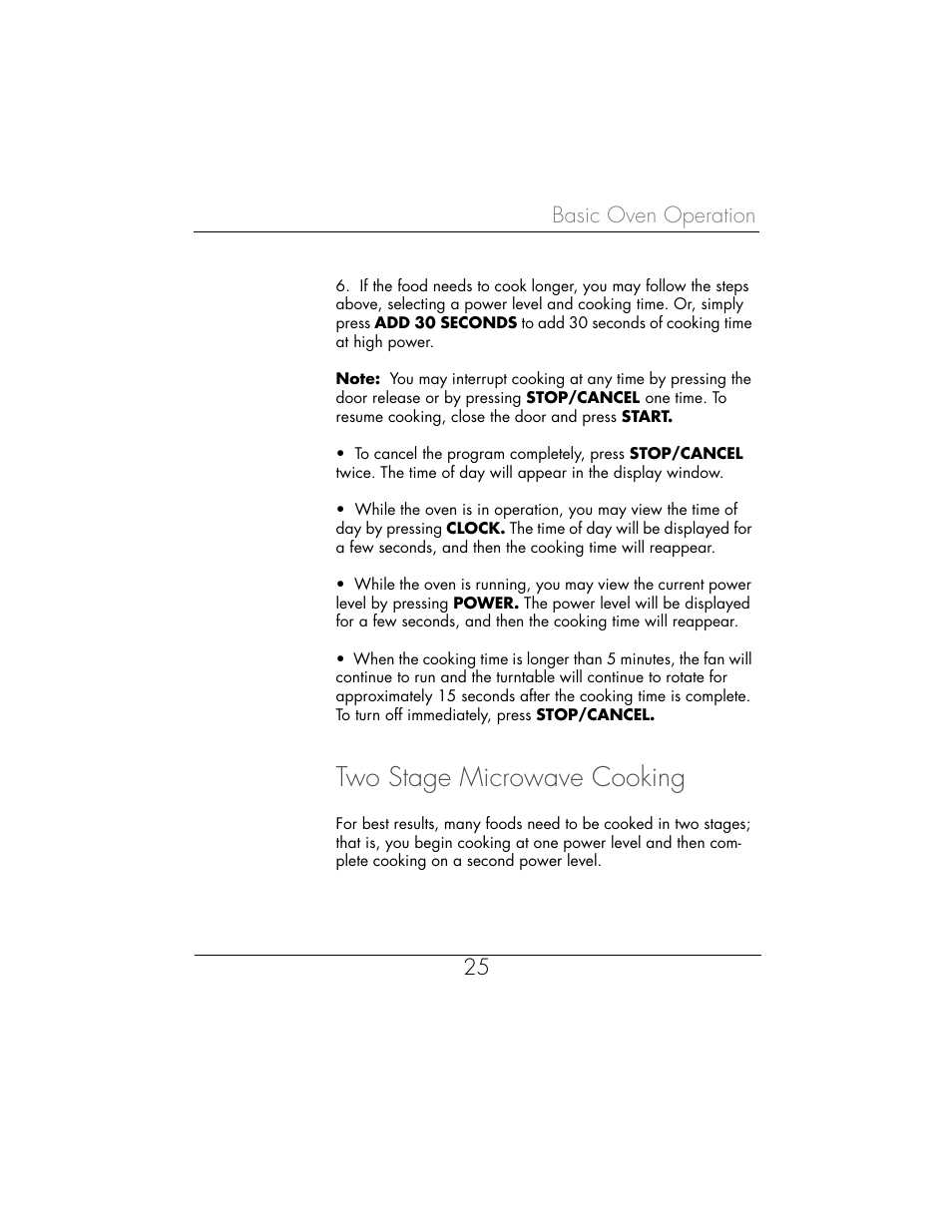 Two stage microwave cooking, Basic oven operation 25 | Toastmaster WBYMW1 User Manual | Page 26 / 85