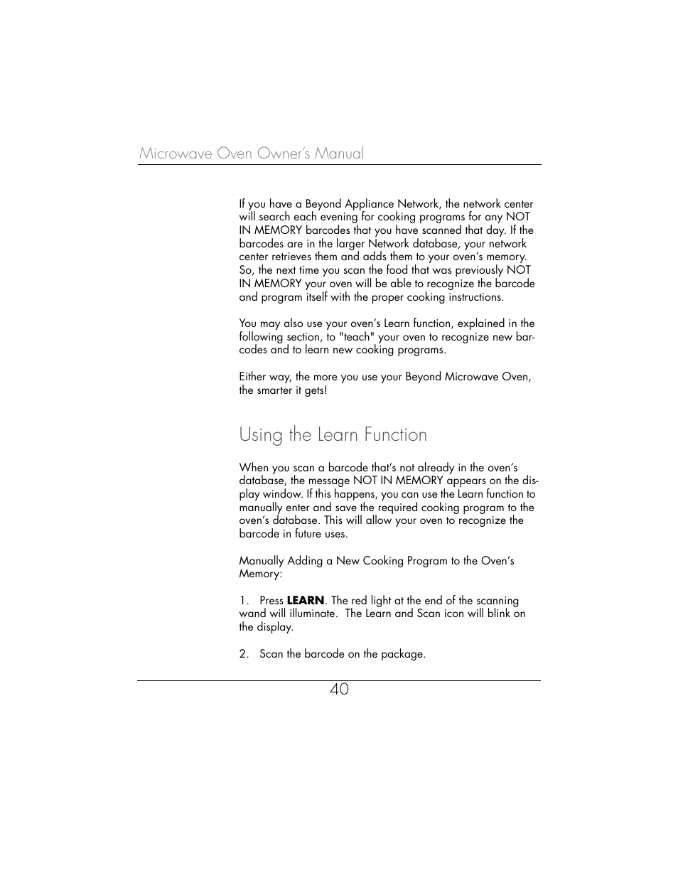 Using the learn function, Microwave oven owner’s manual 40 | Toastmaster WBYMW1 User Manual | Page 41 / 85