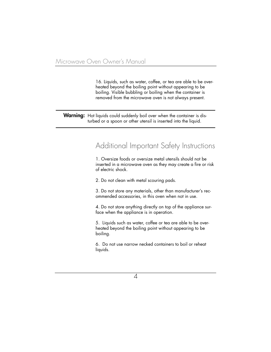 Additional important safety instructions, Microwave oven owner’s manual 4 | Toastmaster WBYMW1 User Manual | Page 5 / 85
