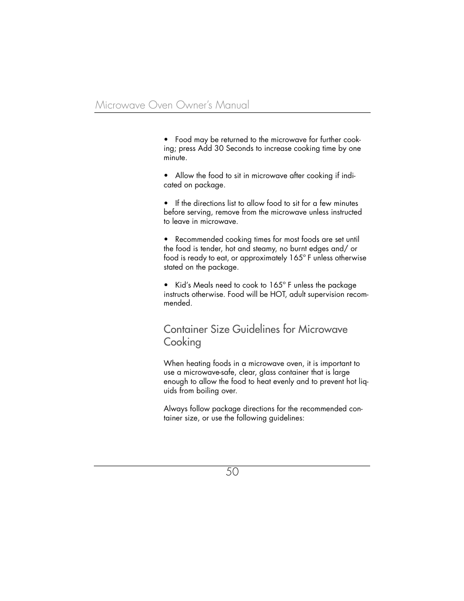 Microwave oven owner’s manual 50, Container size guidelines for microwave cooking | Toastmaster WBYMW1 User Manual | Page 51 / 85