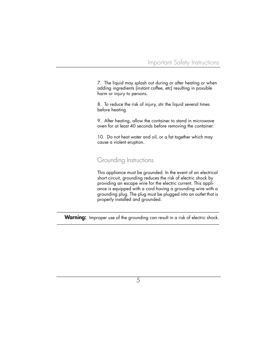 Important safety instructions 5, Grounding instructions | Toastmaster WBYMW1 User Manual | Page 6 / 85