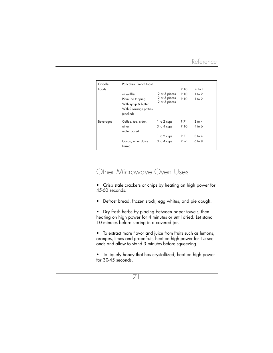 Other microwave oven uses, Reference 71 | Toastmaster WBYMW1 User Manual | Page 72 / 85