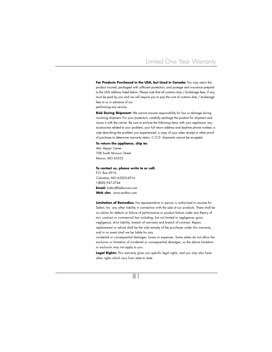Limited one year warranty 81 | Toastmaster WBYMW1 User Manual | Page 82 / 85